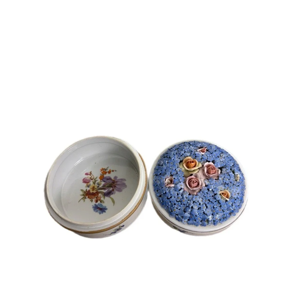 Vintage German Elfinware Porcelain Trinket Dish Applied Forget Me Nots Pink Rose